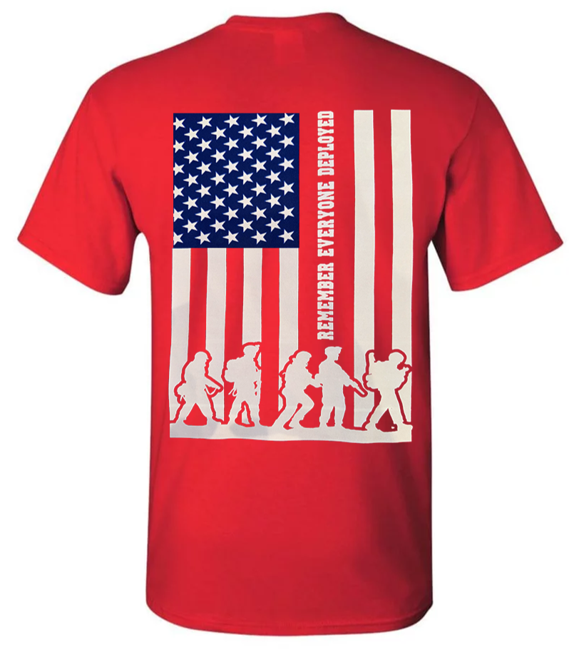 Back of red color Remember Everyone Deployed T-Shirt. Featuring an American flag, silhouette of soldiers, and the words "Remember Everyone Deployed"