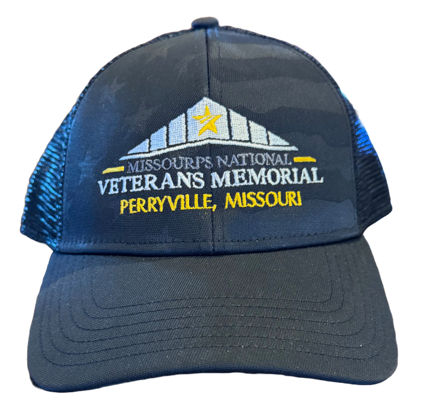Black trucker style hat featuring Missouri's National Veterans Memorial logo on the fron