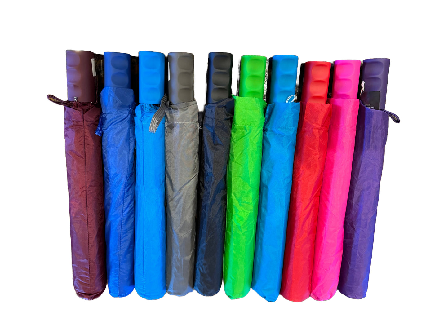 Showing the full variety of umbrella colors available. Available in dark blue, light blue, maroon, purple, pink, gray, red, black, green, and teal.