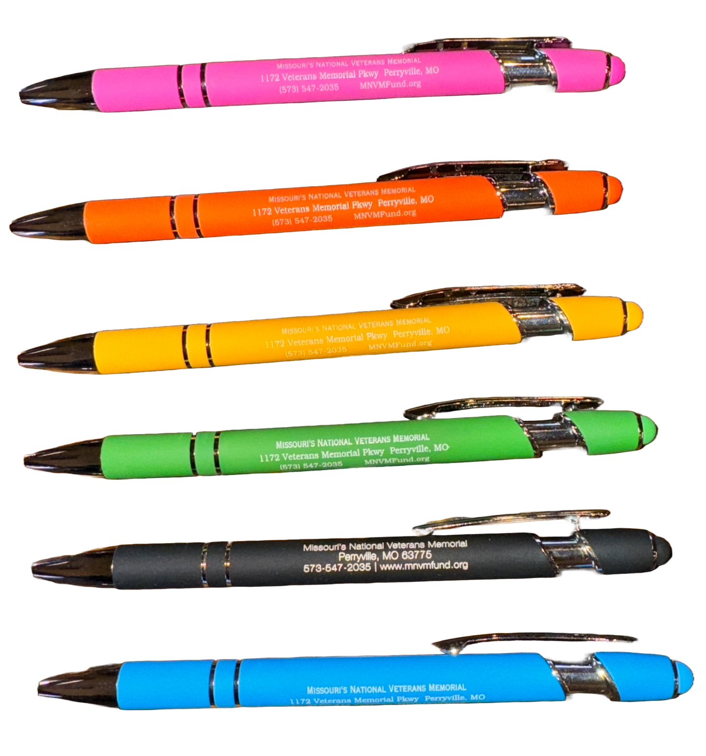 Soft touch pen with stylus. Pink, orange, yellow, green, black, and blue pens shown