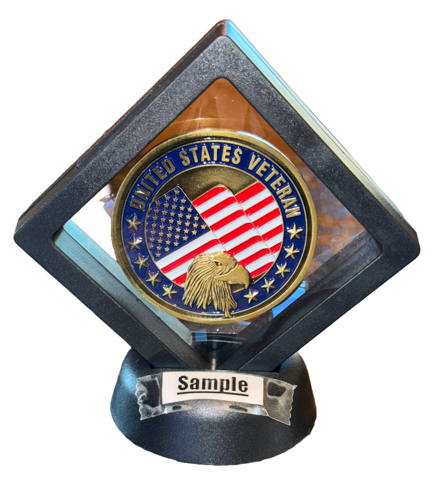 Challenge coin frame holding a standard size challenge coin