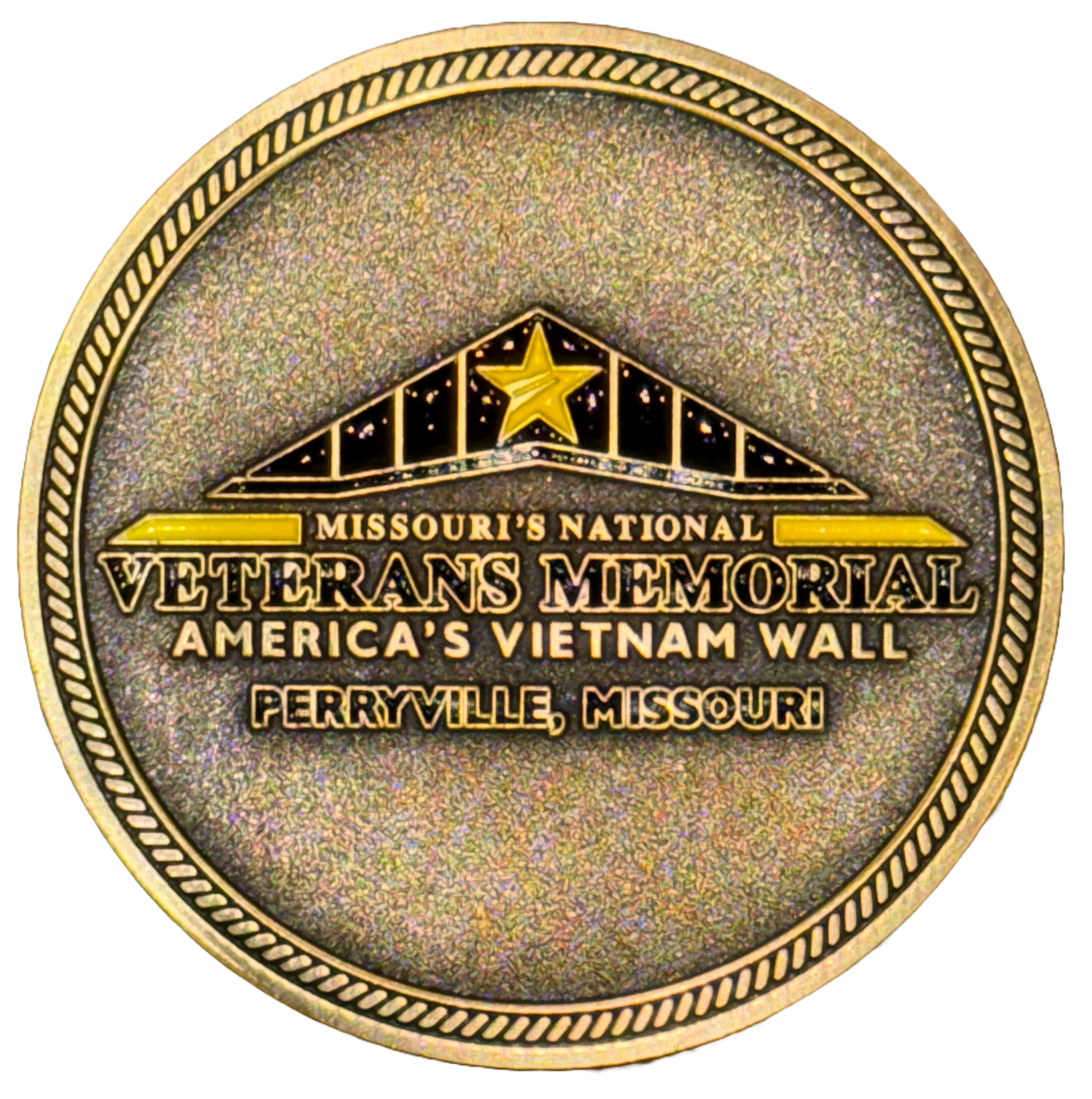 Reverse of Bronze Challenge Coin featuring Missouri's National Veterans Memorial logo