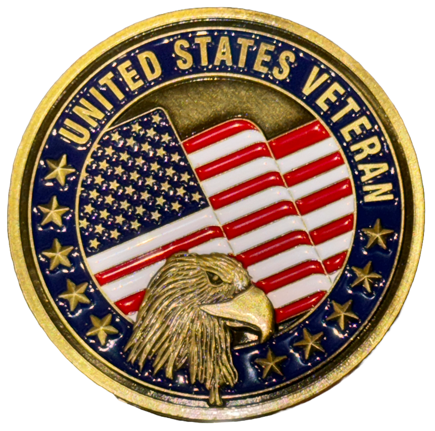 Front side of Thank a Veteran bronze color Challenge Coin, featuring a bald eagle and American Flag on the front with the words "United States Veteran"