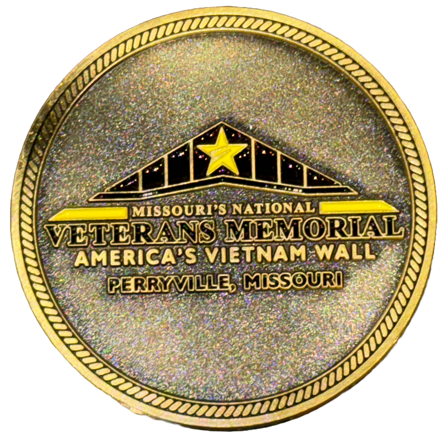 The flipside of Thank a Veteran Challenge Coin features Missouri's National Veterans Memorial logo