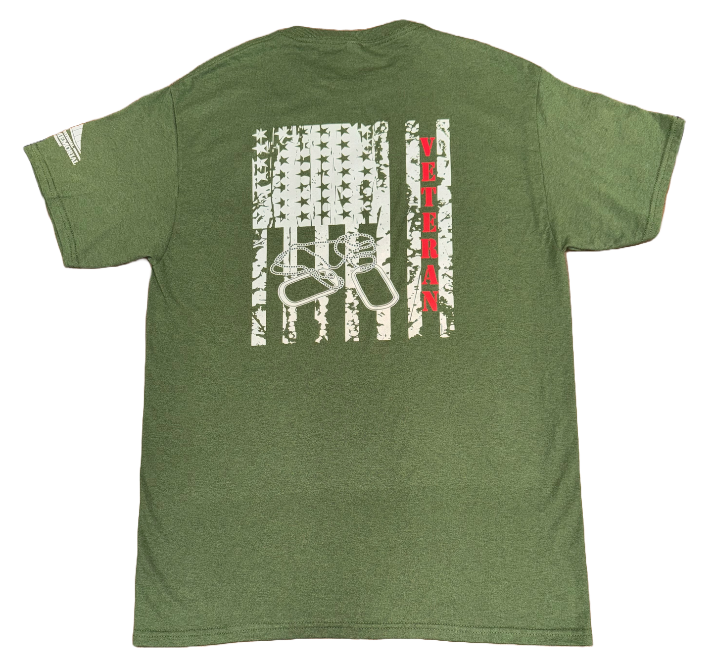 back of green Veteran T-Shirt with the word "veteran", an American flag, and dog tags