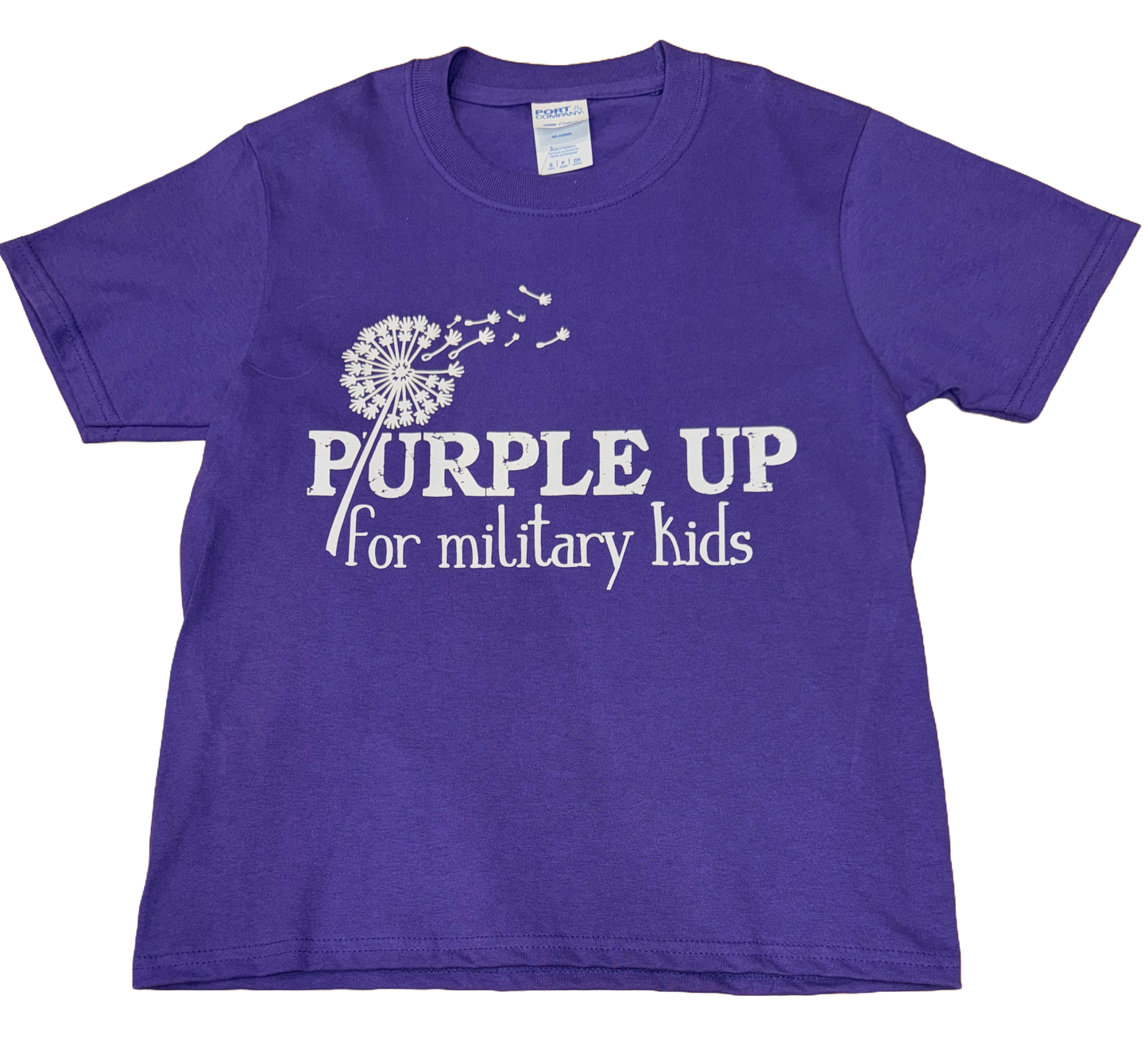 Purple color Child's Purple Up T-Shirt with the words "Purple Up for military kids" and a flower