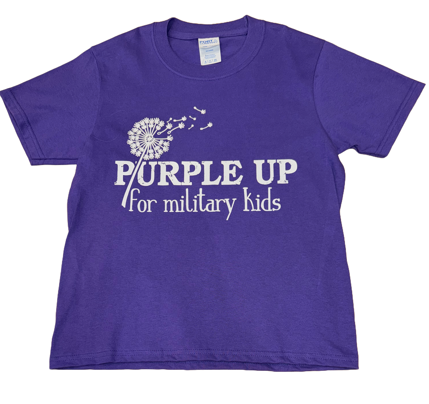 Purple color shirt featuring the words "Purple Up for Military kids" and a flower