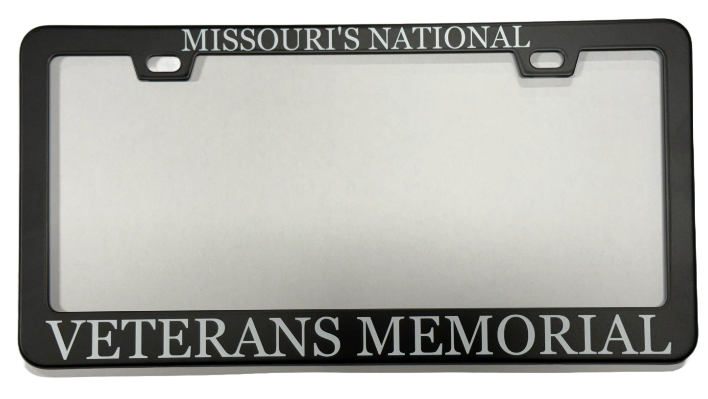 Black license plate frame with white letters "Missouri's National Veterans Memorial"