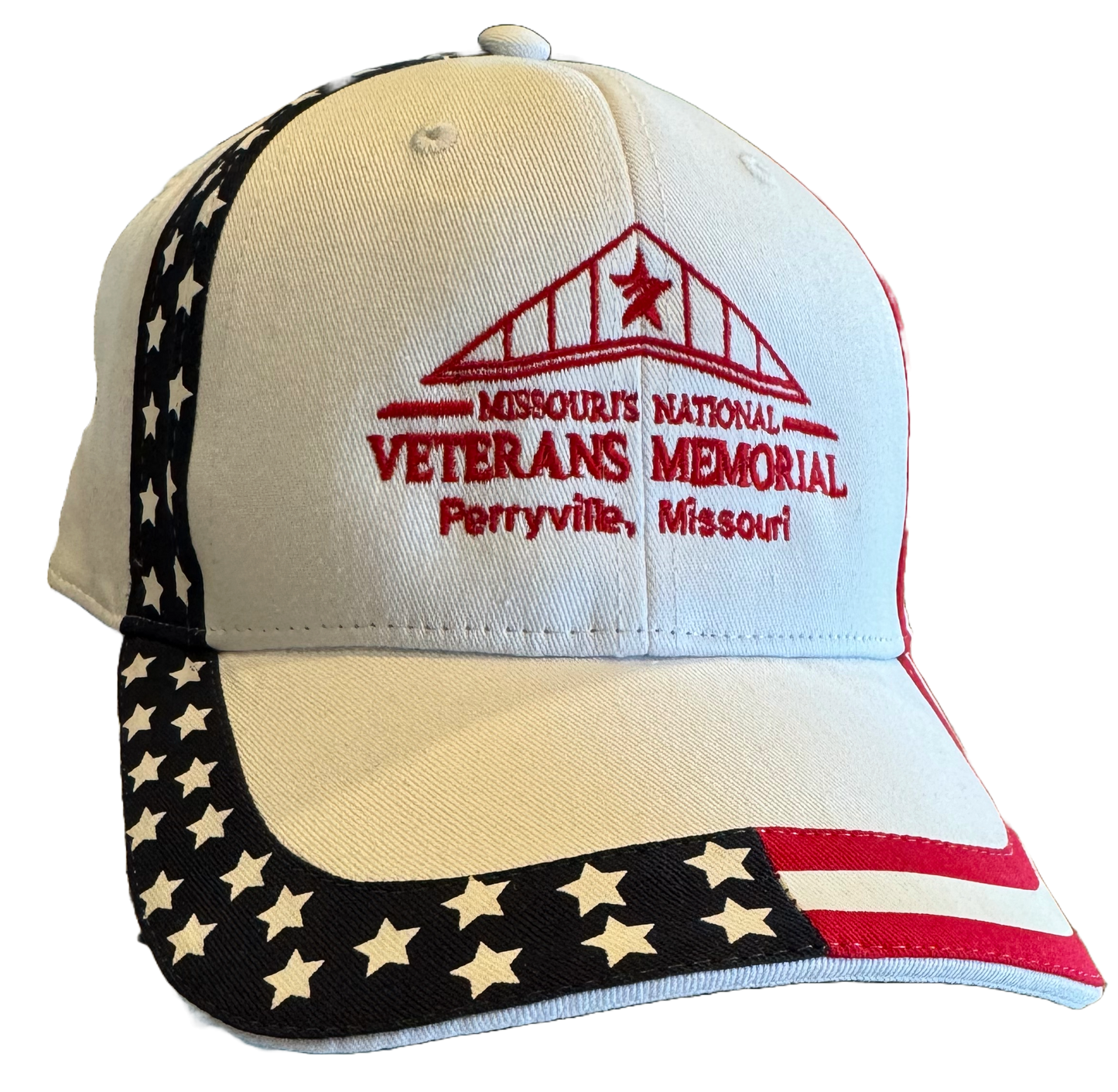 White hat, USA flag trim around it. Red MNVM Logo on the front