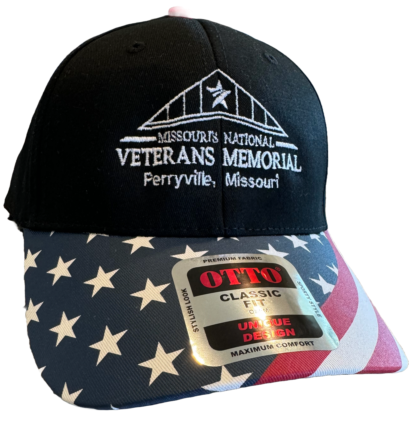 Black hat with USA Flag on the bill and a white MNVM logo on front