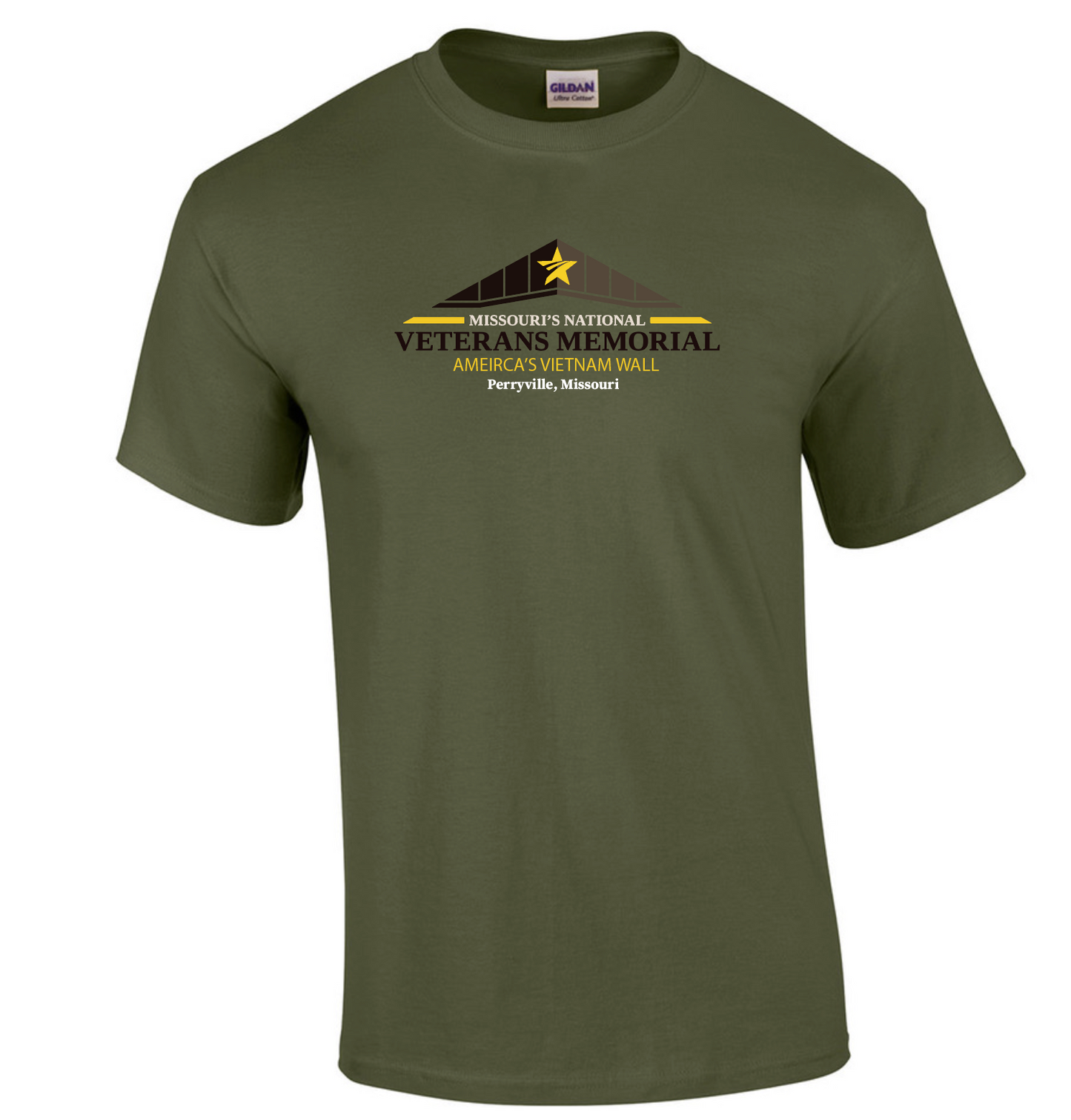 Military green MNVM Logo T-Shirt featuring Missouri's National Veterans Memorial Logo