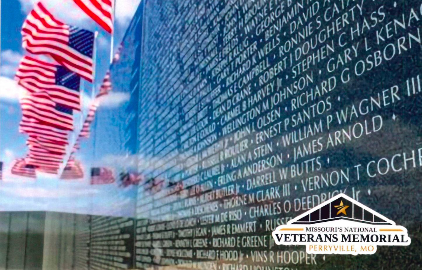 Post card featuring a close up photo of America's Wall, flags flying above the wall, and Missouri's National Veterans Memorial logo