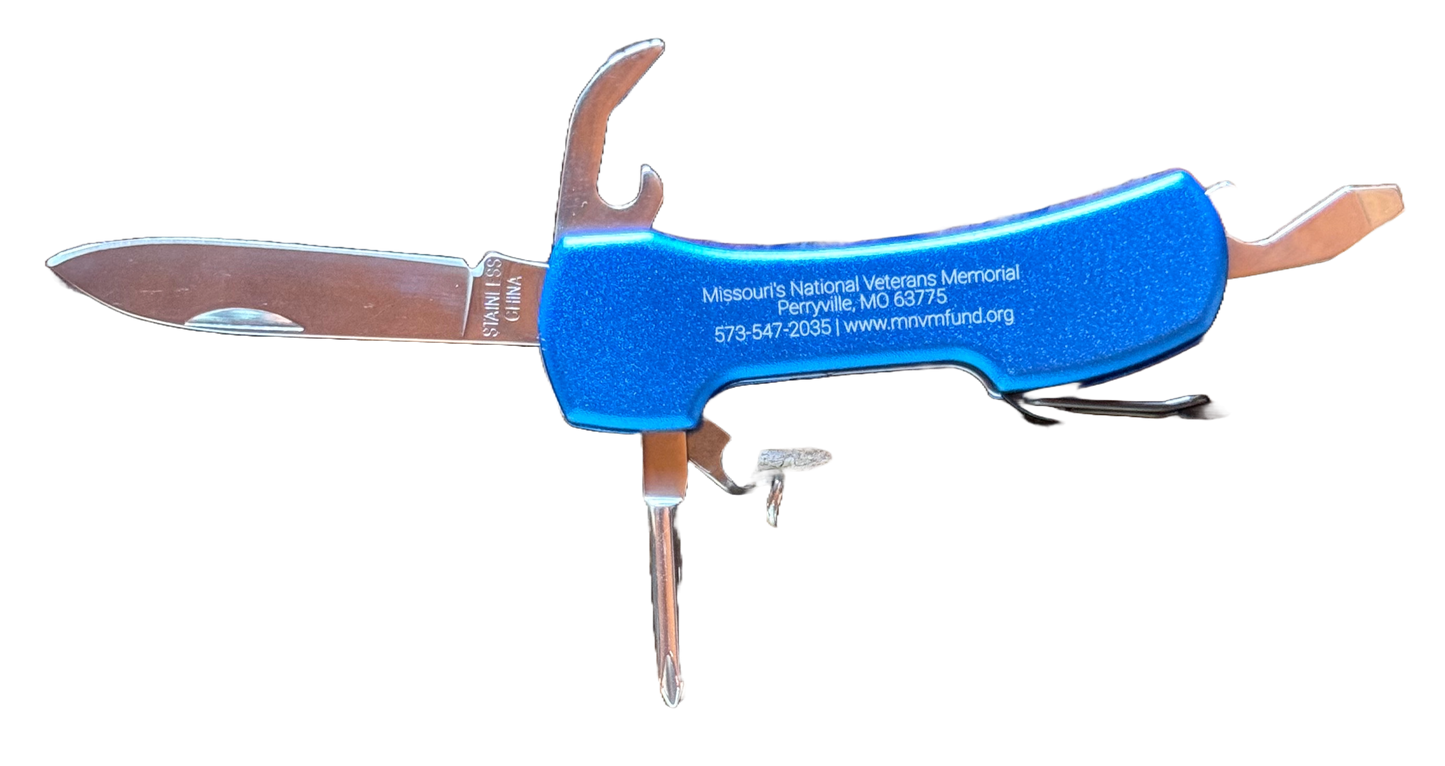 Photo showing 5 tools of the knife: a flat head screwdriver, Phillips head screwdriver, knife, can opener, and corkscrew. Blue knife