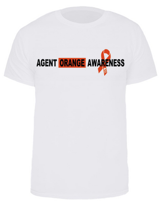 white t-shirt with agent orange awareness on front and orange ribbon