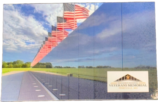 Post Card featuring United States Flags flying above American's Wall, the exact replica of the Vietnam Veterans Memorial wall in Washington DC, at Missouri's National Veterans Memorial. Post card also features Missouri's National Veterans Memorial logo
