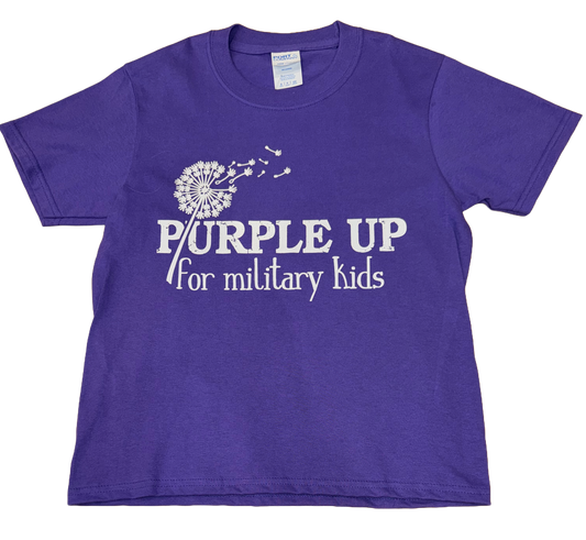 Purple color Child's Purple Up T-Shirt with the words "Purple Up for military kids" and a flower