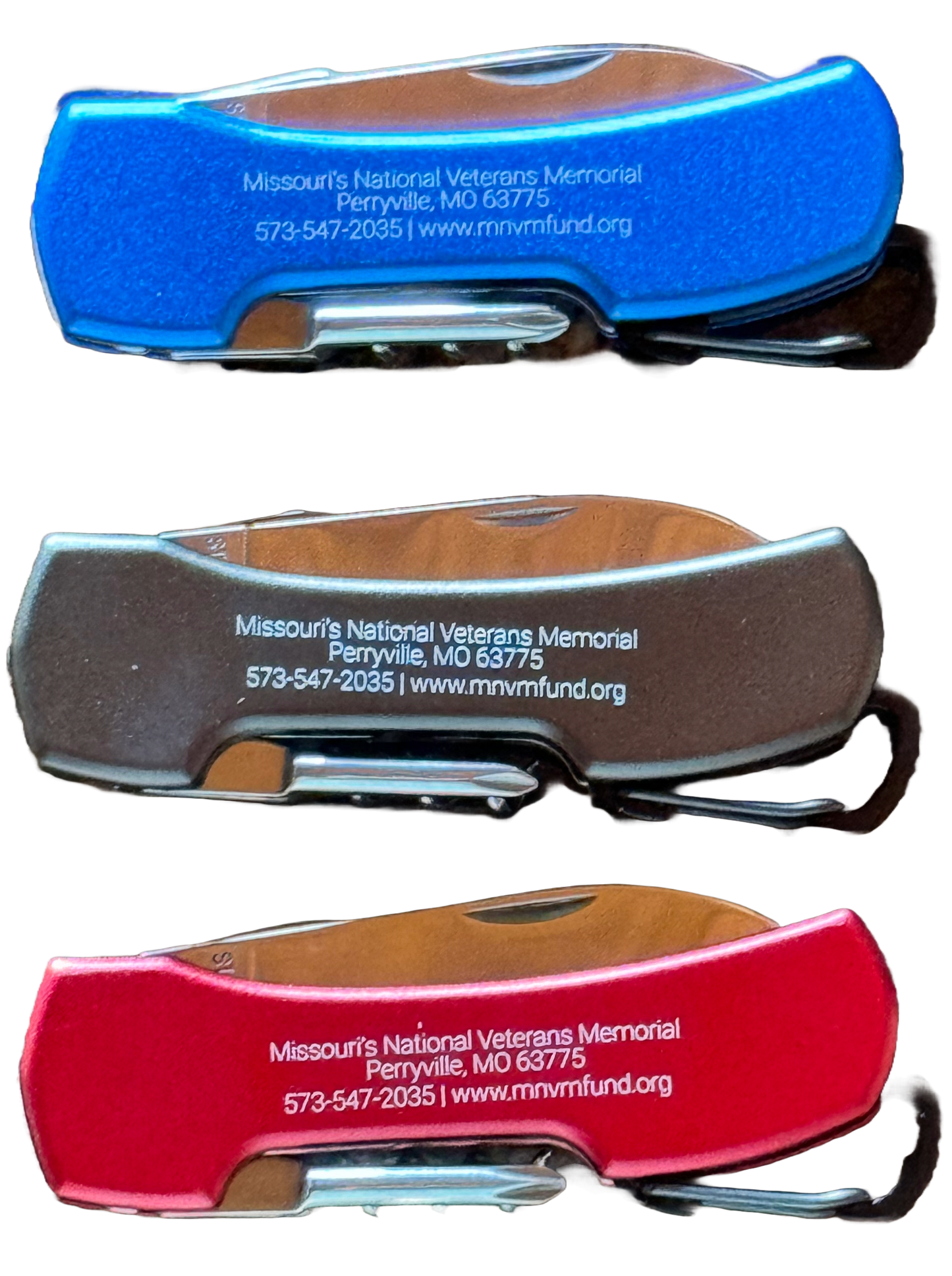 5-in-1 Knife with Carabiner Clip. Photo includes black, blue, and red knife. Each knife says Missouri's National Veterans Memorial, phone number, and website