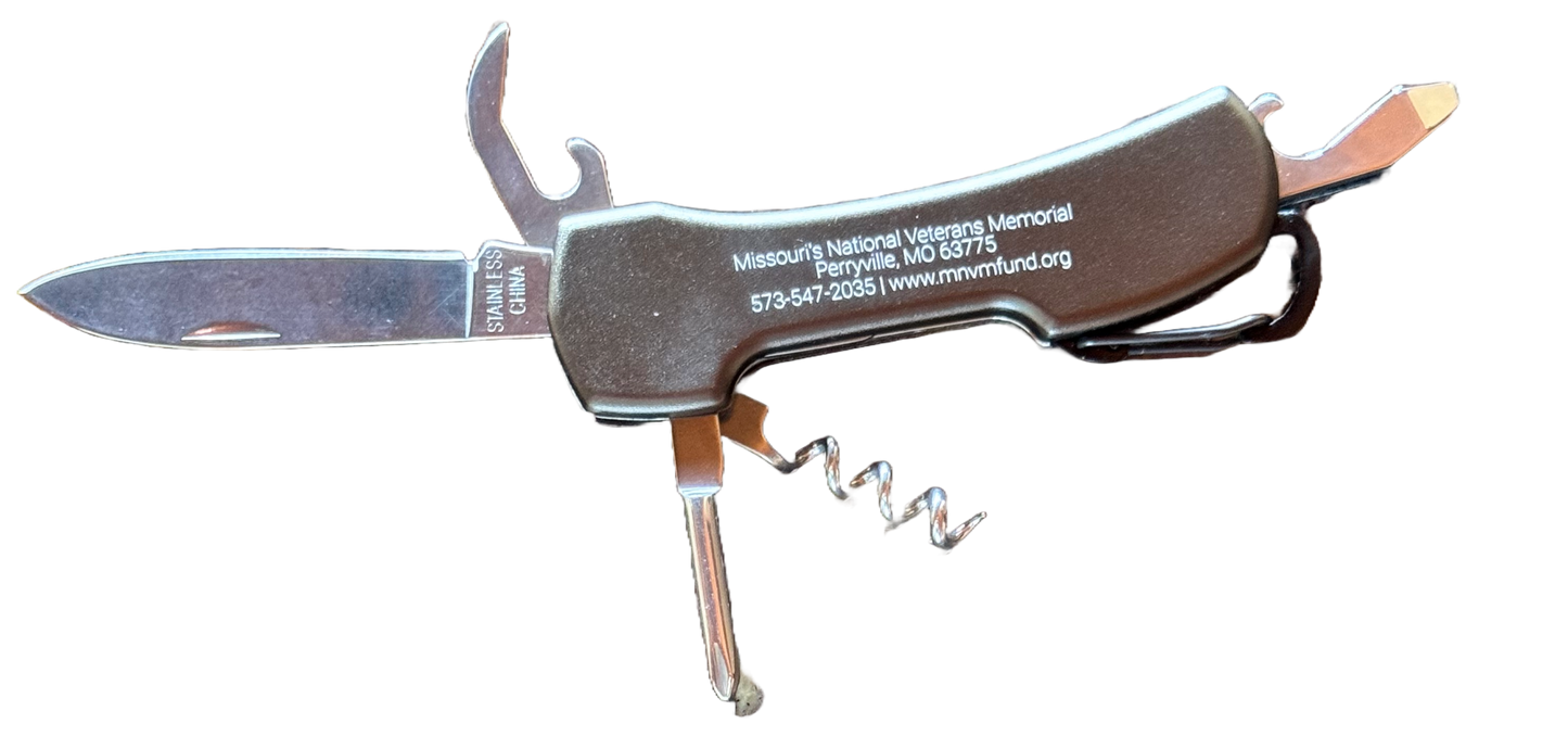 Photo showing 5 tools of the knife: a flat head screwdriver, Phillips head screwdriver, knife, can opener, and corkscrew. Black knife