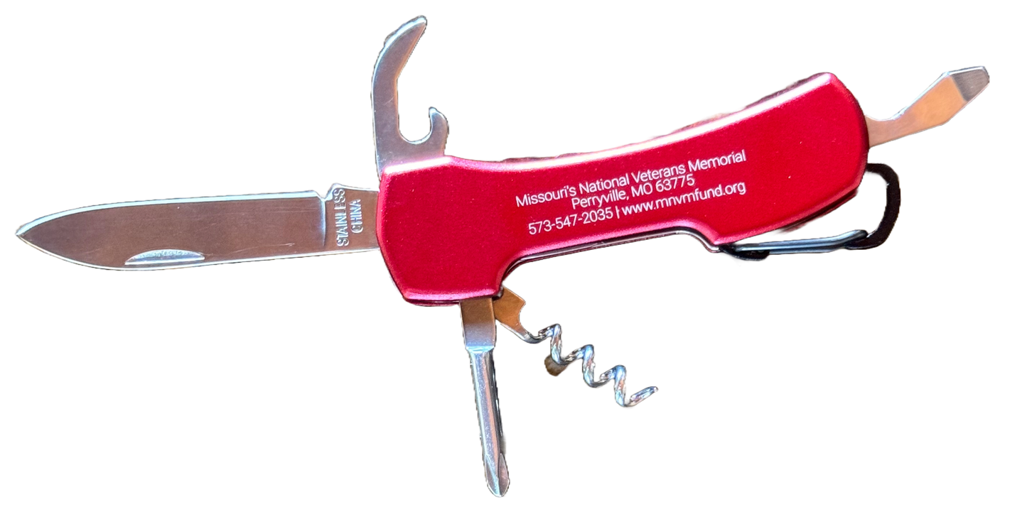Photo showing 5 tools of the knife: a flat head screwdriver, Phillips head screwdriver, knife, can opener, and corkscrew. Red knife
